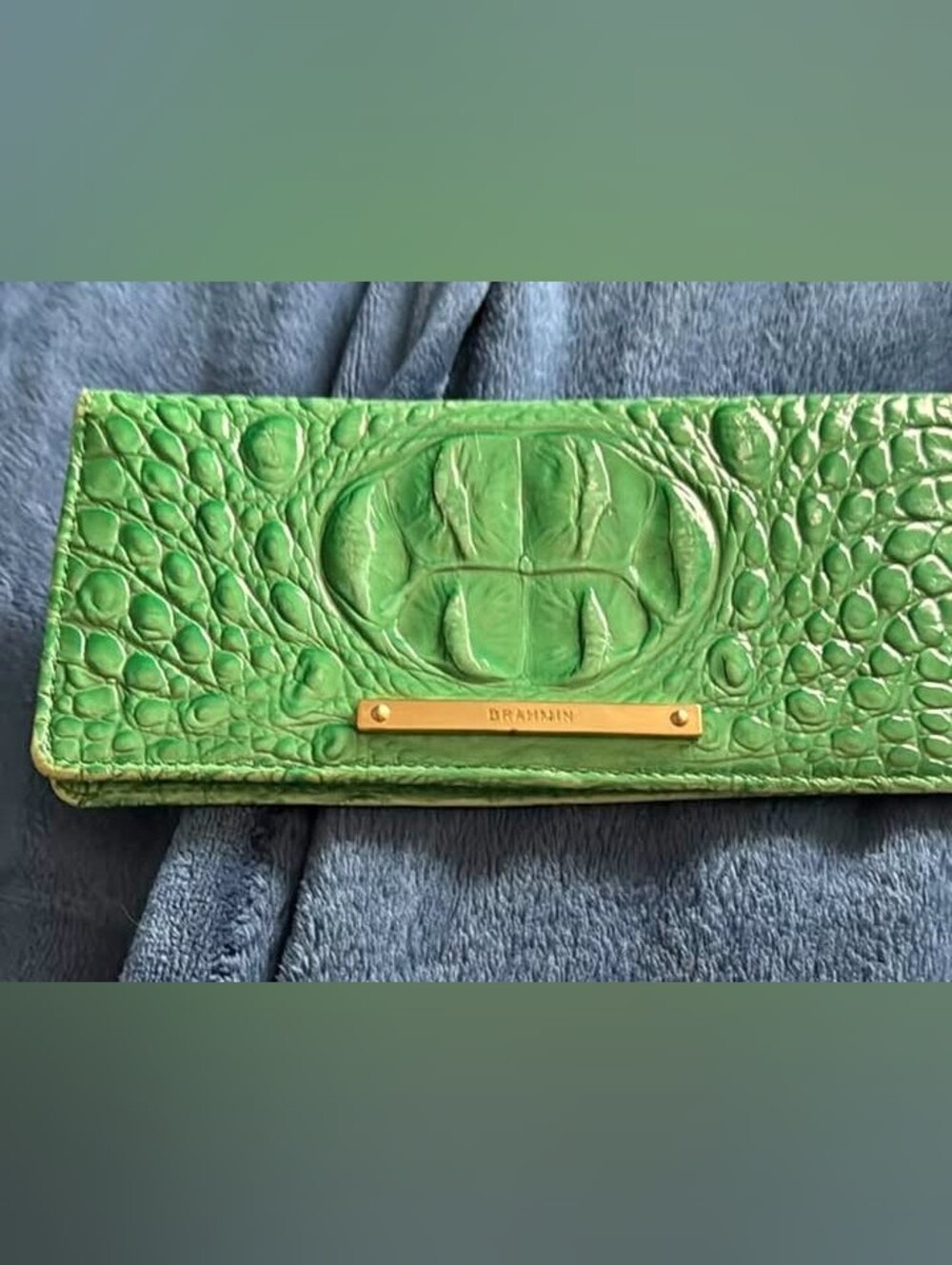 Brahmin Green Embossed Leather Card Case with Gold Plaque
